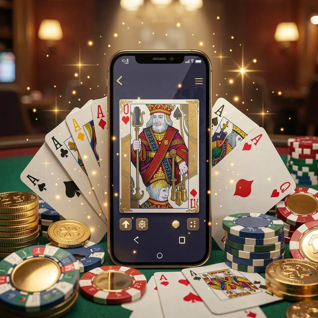Konsep aplikasi permainan seluler Rkkkk yang menampilkan ponsel pintar dikelilingi kartu permainan, chip roulette, koin emas, dan cahaya berkilau dalam gaya kasino premium Konsep aplikasi permainan seluler Rkkkk yang menampilkan ponsel pintar dikelilingi kartu permainan, chip roulette, koin emas, dan cahaya berkilau dalam gaya kasino premium