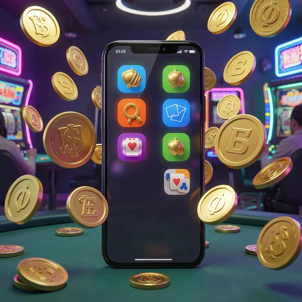 Konsep aplikasi kasino Android Rkkkk yang ditampilkan pada ponsel modern dengan ikon aplikasi, dikelilingi koin emas dan simbol slot yang melayang dalam suasana kasino neon, render 3D realistis Konsep aplikasi kasino Android Rkkkk yang ditampilkan pada ponsel modern dengan ikon aplikasi, dikelilingi koin emas dan simbol slot yang melayang dalam suasana kasino neon, render 3D realistis