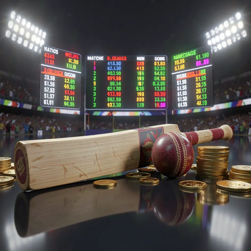 Gambar taruhan olahraga premium Rkkkk yang menampilkan tongkat kriket di atas permukaan gelap mengilap dengan bola kriket, koin emas, statistik pertandingan bercahaya, dan lampu stadion dalam render 3D realistis Gambar taruhan olahraga premium Rkkkk yang menampilkan tongkat kriket di atas permukaan gelap mengilap dengan bola kriket, koin emas, statistik pertandingan bercahaya, dan lampu stadion dalam render 3D realistis