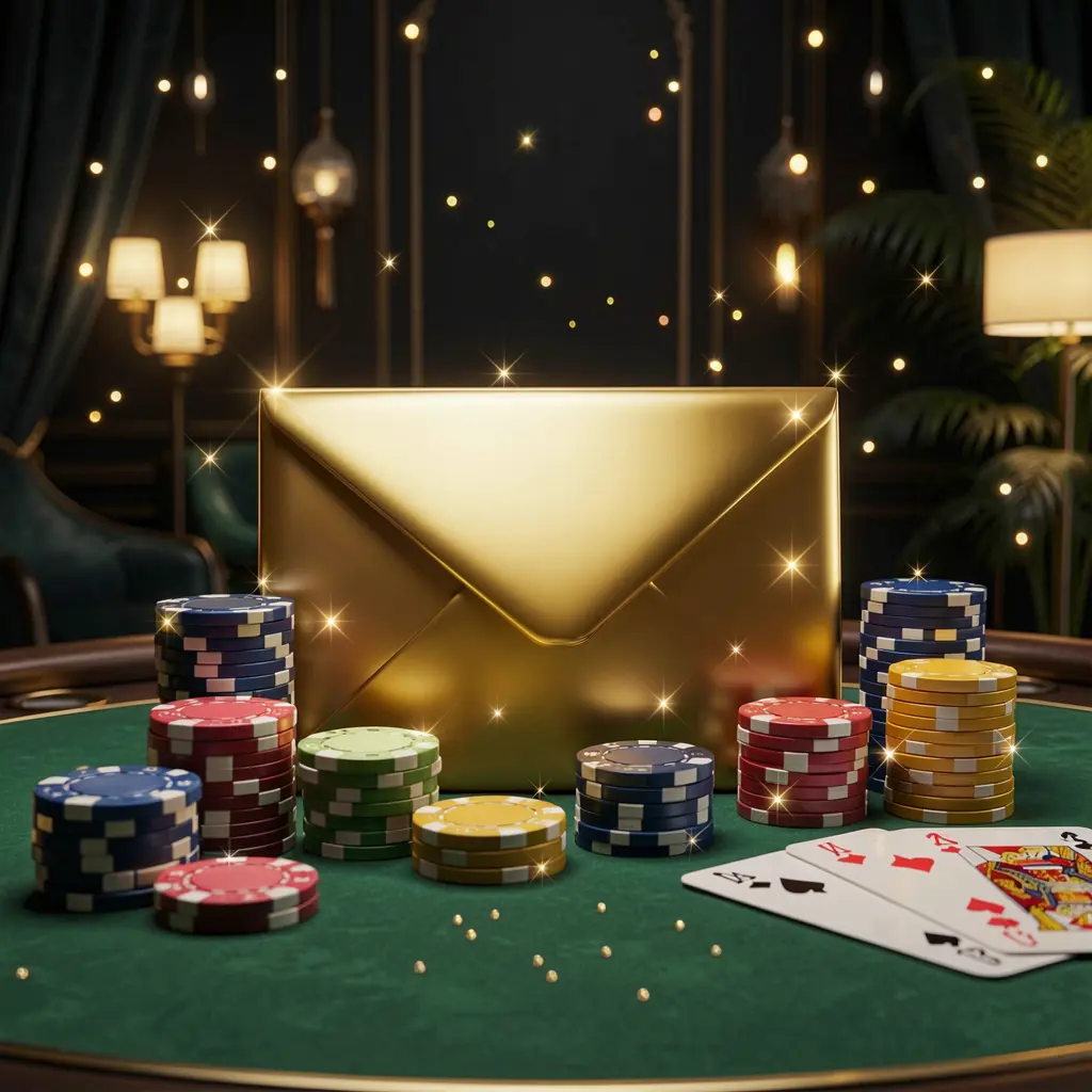 Adegan promosi kasino eksklusif Rkkkk yang menampilkan amplop emas dikelilingi chip poker, koin, dan kartu permainan dengan latar belakang gelap mewah serta lampu berkilau dalam render 3D sinematik