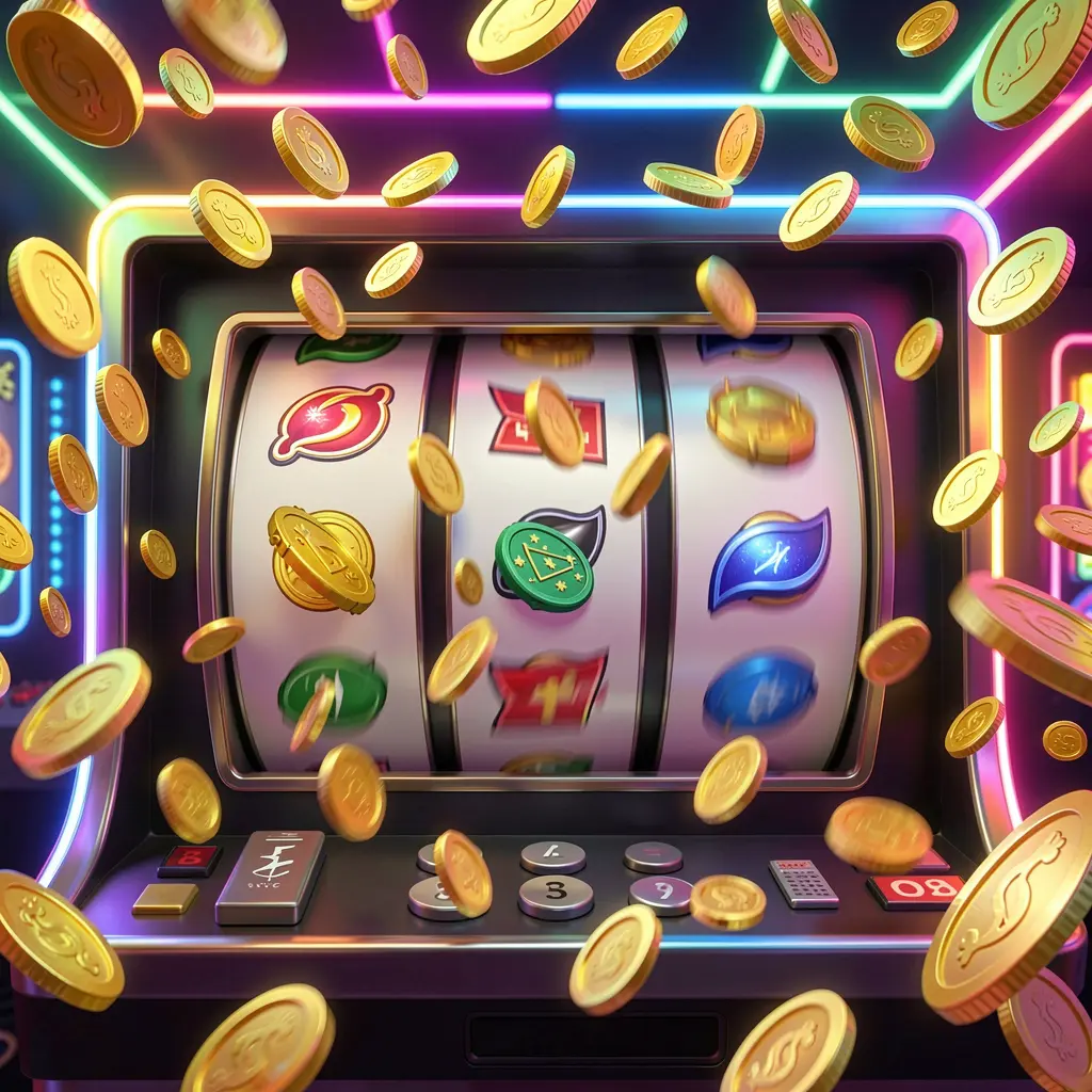 Gambar kasino putaran gratis Rkkkk yang menampilkan gulungan mesin slot berputar dengan koin emas beterbangan ke mana-mana dan lampu neon warna-warni menciptakan suasana jackpot yang seru dalam ilustrasi 3D premium