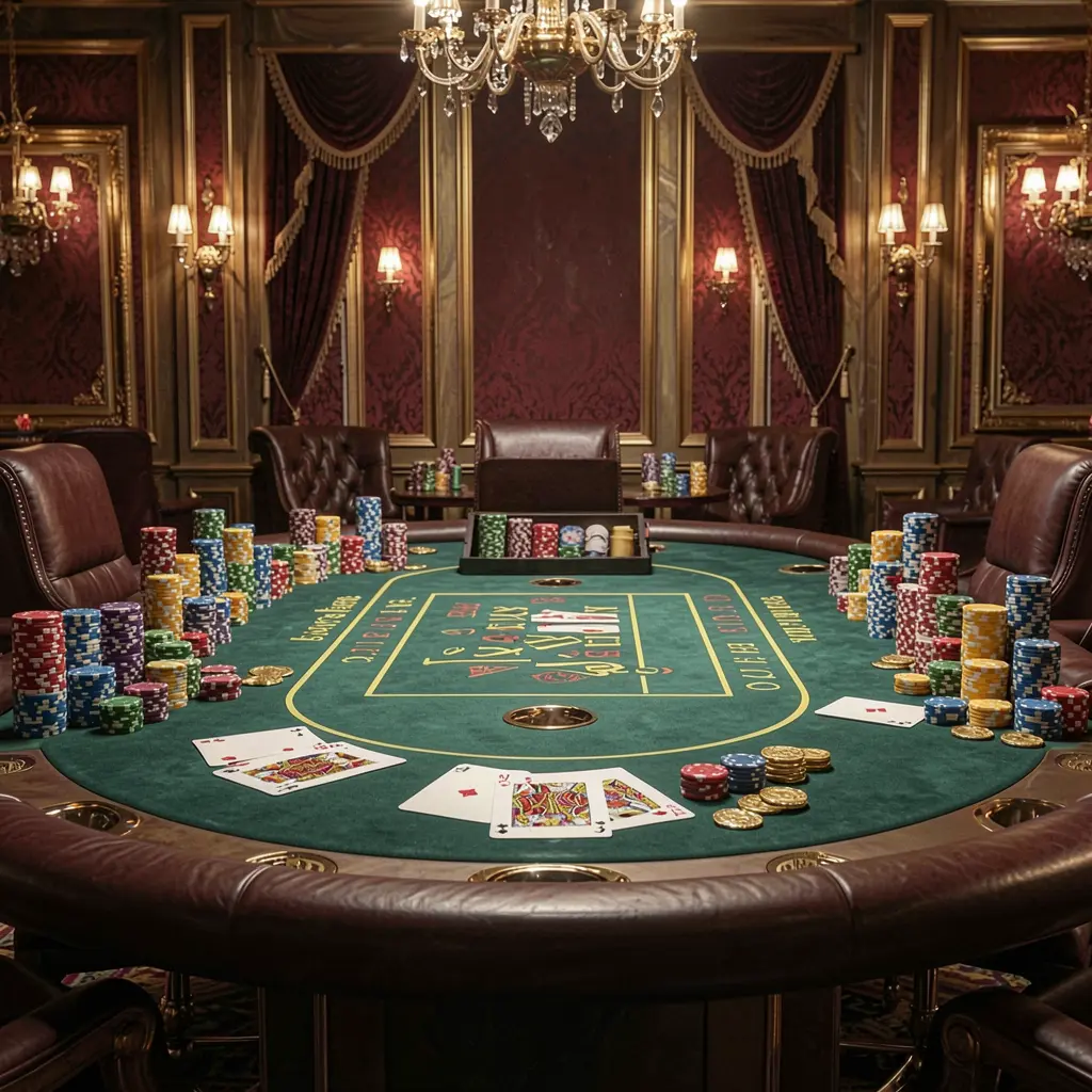 Suasana kasino mewah Rkkkk yang menampilkan meja blackjack dengan kartu poker, tumpukan chip, dan koin berkilau dengan latar belakang merah tua dan emas dalam gaya realistis sinematik Suasana kasino mewah Rkkkk yang menampilkan meja blackjack dengan kartu poker, tumpukan chip, dan koin berkilau dengan latar belakang merah tua dan emas dalam gaya realistis sinematik