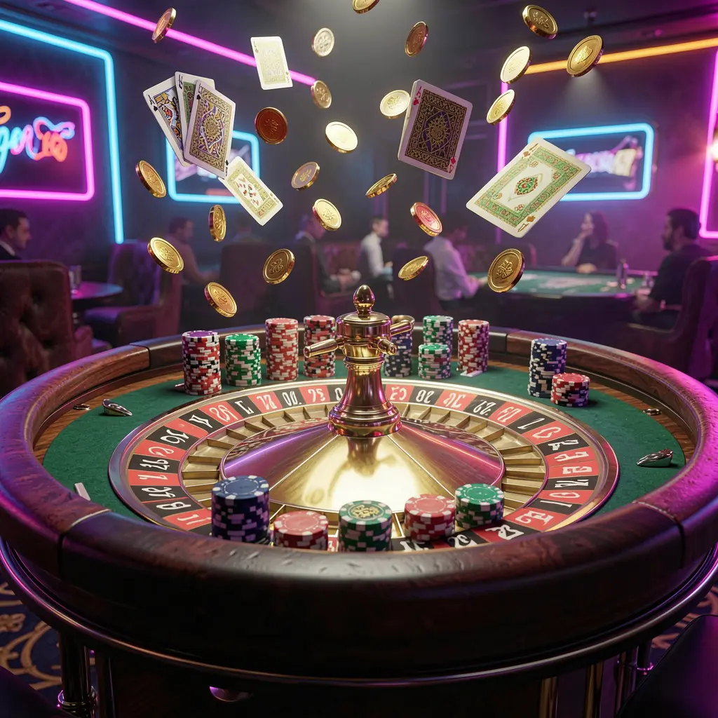 Meja roulette elegan dengan chip, kartu, dan koin emas beterbangan di udara di bawah pencahayaan neon dramatis dalam adegan permainan kasino premium oleh Rkkkk Meja roulette elegan dengan chip, kartu, dan koin emas beterbangan di udara di bawah pencahayaan neon dramatis dalam adegan permainan kasino premium oleh Rkkkk