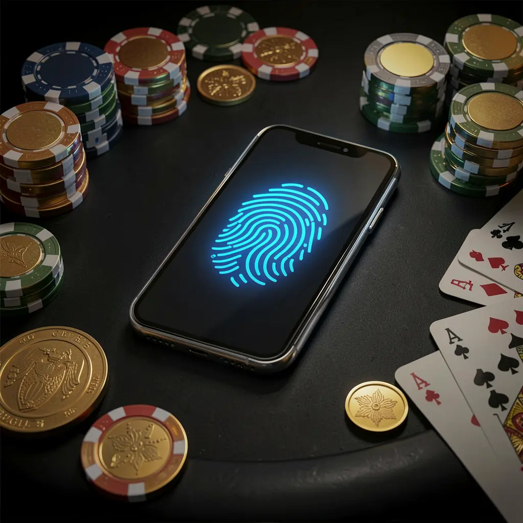 Konsep autentikasi kasino online Rkkkk yang menampilkan ponsel dengan cahaya pemindaian sidik jari di atas meja hitam premium, dikelilingi chip poker, koin emas, dan kartu permainan dalam render 3D sinematik Konsep autentikasi kasino online Rkkkk yang menampilkan ponsel dengan cahaya pemindaian sidik jari di atas meja hitam premium, dikelilingi chip poker, koin emas, dan kartu permainan dalam render 3D sinematik