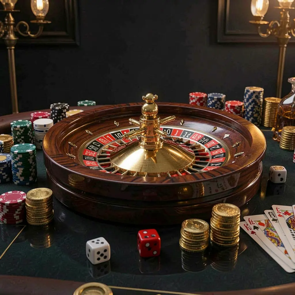 Beranda kasino premium Rkkkk yang menampilkan roda roulette berputar di atas meja mengilap, dikelilingi chip poker, dadu, kartu, dan koin emas dengan latar belakang gelap elegan serta pencahayaan sinematik Beranda kasino premium Rkkkk yang menampilkan roda roulette berputar di atas meja mengilap, dikelilingi chip poker, dadu, kartu, dan koin emas dengan latar belakang gelap elegan serta pencahayaan sinematik